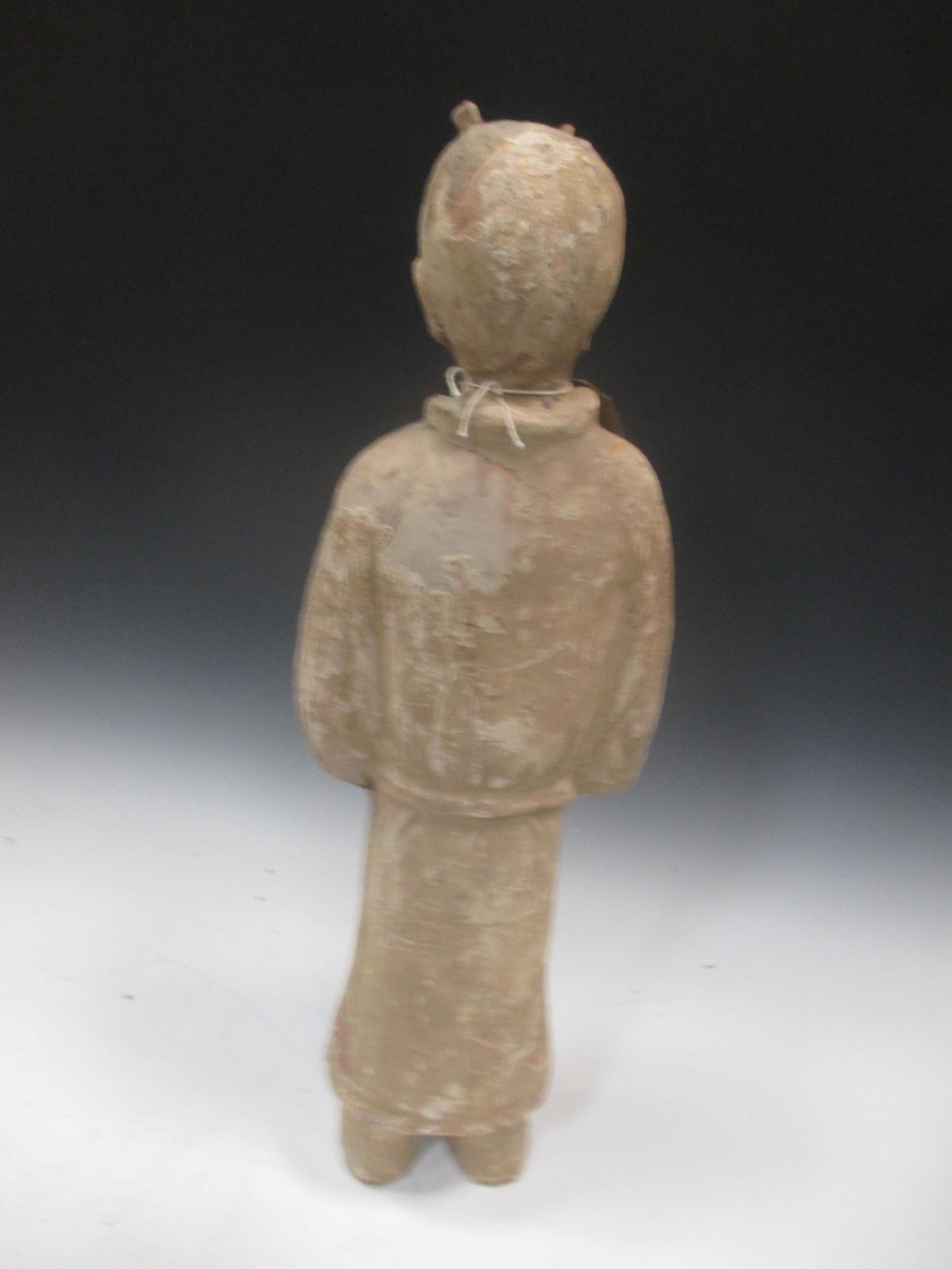 Two Chinese painted pottery figures, a standing figure of a guard, Han type, 57cm high; and a - Image 9 of 15