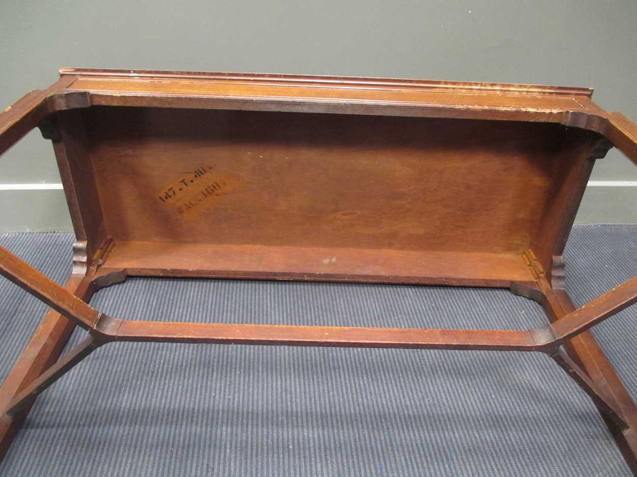 A George III style mahogany slender rectangular table, on moulded legs with shaped stretcher 77 x - Image 3 of 10