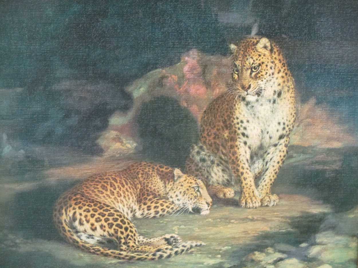 A pair of Victorian still lives of flowers, a Victorian wool work picture, a print of a leopard, - Image 5 of 7