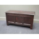 An 18th century three panel coffer with carved front decoration and internal candle box with lid