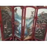 A modern Oriental four panel, three fold, table screen, painted with fisherman on a lake with