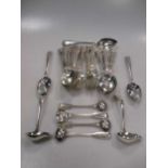 Three Georgian silver dessert spoons, a set of four Victorian silver mustard spoons and pair of