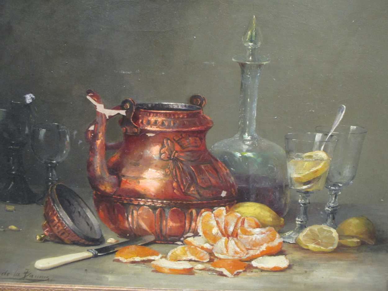 Marie Berthe de La Baume (French, 1860-1911), A Still-life of cordial glasses, a decanter and a