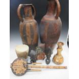 A collection of African tribal objects, to include a drum (Cotonou, Benin Republic), a smaller