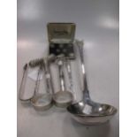 George III silver sugar tongs, 2 napkin rings, 8 plated buttons by Benson and Clegg, an Indian