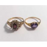 A garnet and CZ cluster ring, along with an amethyst single stone ring, both tested as 9ct gold,