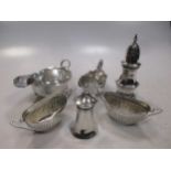 A pair of silver navette salts, 2 sauce boats, a salt pot and a caster (6)