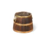 An oak brass bound log bin in half barrel form, early 19th century,