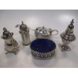 Assorted silver condiments and a silver gilt mustard spoon 6.9ozt together with a silver plated