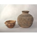 Two Chinese Painted pottery vessels, comprising a two-handled bowl, lozenge hatched banding,