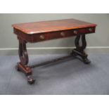 A 19th century rosewood library table, with two frieze drawers over lion paw carved feet on castors,