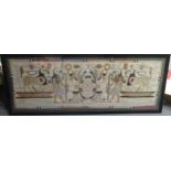 Egyptian scenes, Three framed panels, possibly from Liberty, applique cotton, 45 x 124cm (smallest),