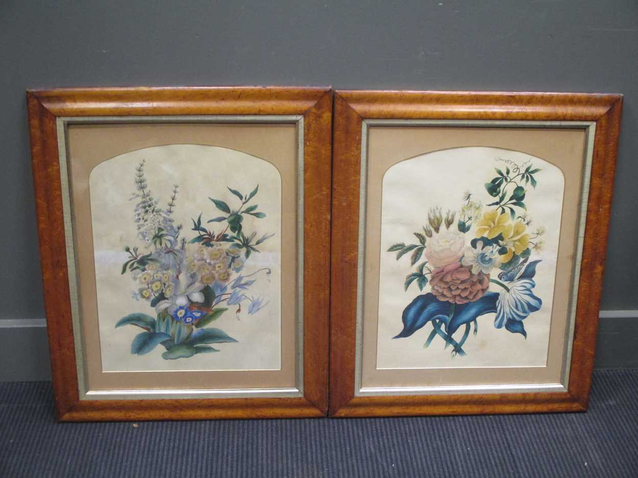 A pair of Victorian still lives of flowers, a Victorian wool work picture, a print of a leopard,