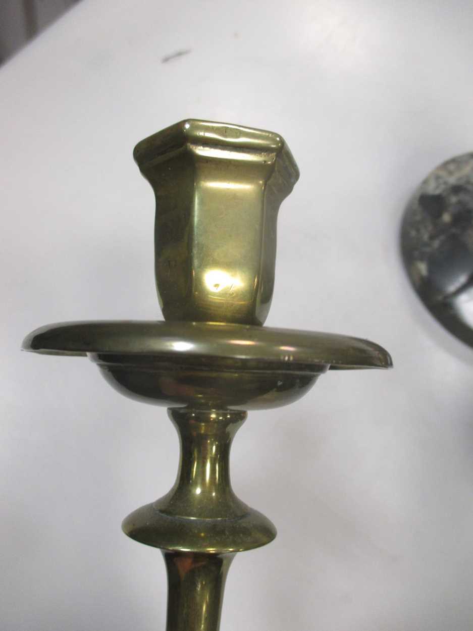 A pair of late 19th century brass candlesticks, a model bird in a suspended cage musical box and a - Image 3 of 6
