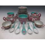 A Chinese teaset and rice bowls, coloured bowl wine glasses, 2 small giltwood and 2 pottery figures,