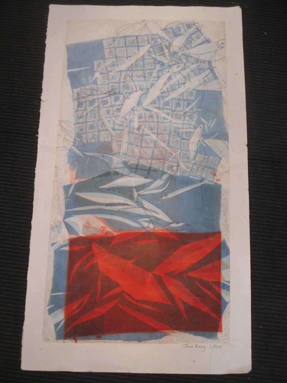 A folio of various artworks including Jane Barry, 2004, 'Blue Sky Thinking', textile art, signed - Image 5 of 6