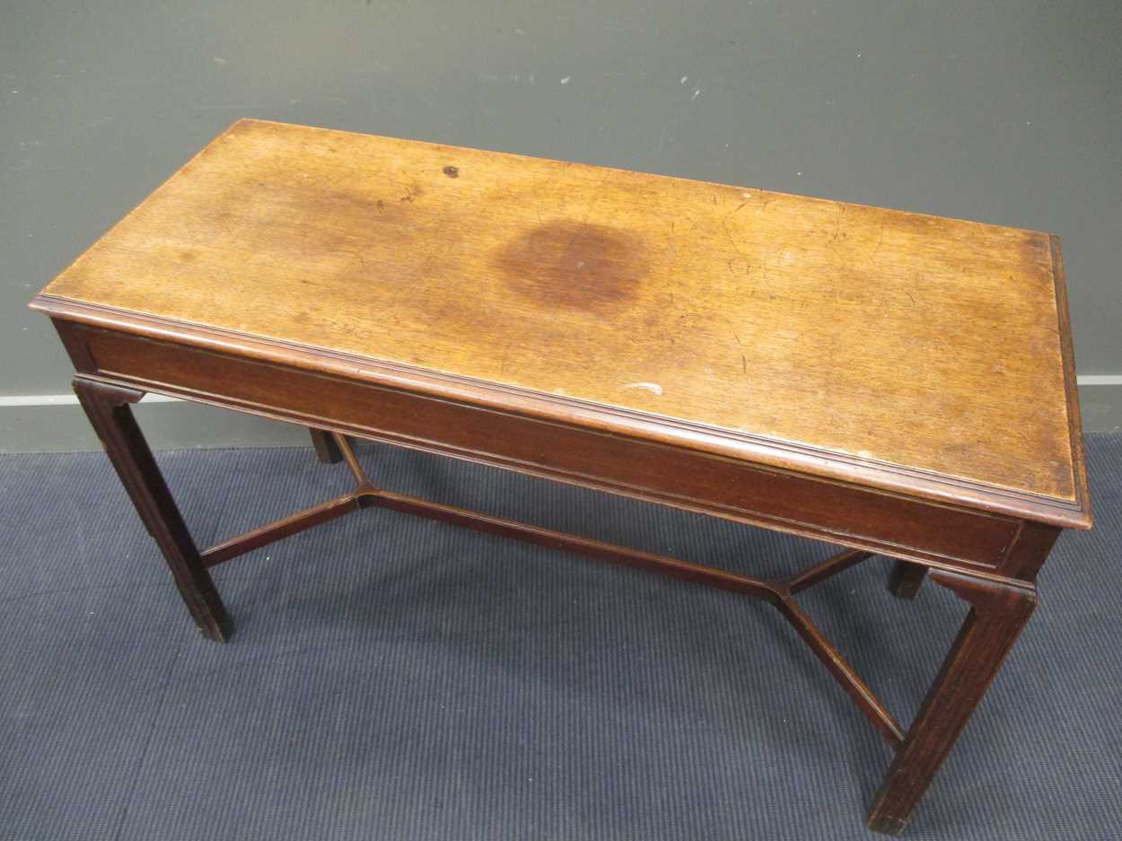 A George III style mahogany slender rectangular table, on moulded legs with shaped stretcher 77 x - Image 2 of 10