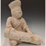 A Chinese carved grey stone figure of a musician playing the zither, in Tang style, with high