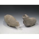 A pair of Chinese grey stone (granite) mythical chimera like beasts, a hippopotamus, 26cm long and a