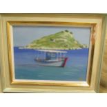 Three modern oil Mediterranean boat scenes, another of a neoclassical bridge, signed 'BCC' [possibly