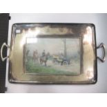 George Wright, hunting watercolour mounted within an electroplate two-handled tray