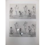 Frank Reynolds, two golfing pen and ink drawings, framed together, signed 'Frank Reynolds', each