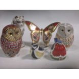 Six Royal Crown Derby bird/animal paperweights including 2 owls (6)