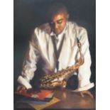 Alex Rennie (b. 1977), Saxophonist, signed, oil on canvas (unframed), 102 x 76cm. Provenance: