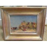Russian School, 20th century, hay stackers, oil on card, signed indistinctly to the reverse, 22.5