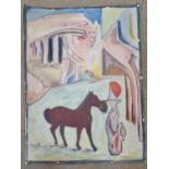 After Paul Neagu, Horse and Clown in a fantasy landscape, signed 'P. Neagu' (lower right),