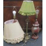 A pair of painted pottery lamp bases and a lacquered brass table lamp