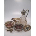 Mixed silver plate including a claret jug, entree dish, etc