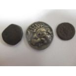 A Philip II type tetradrachm, 14g, possibly a replica; and 2 very worn bronze coins