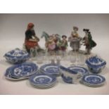 A child's willow pattern part teaset, a German porcelain figure group, small Herend horse, 3 small