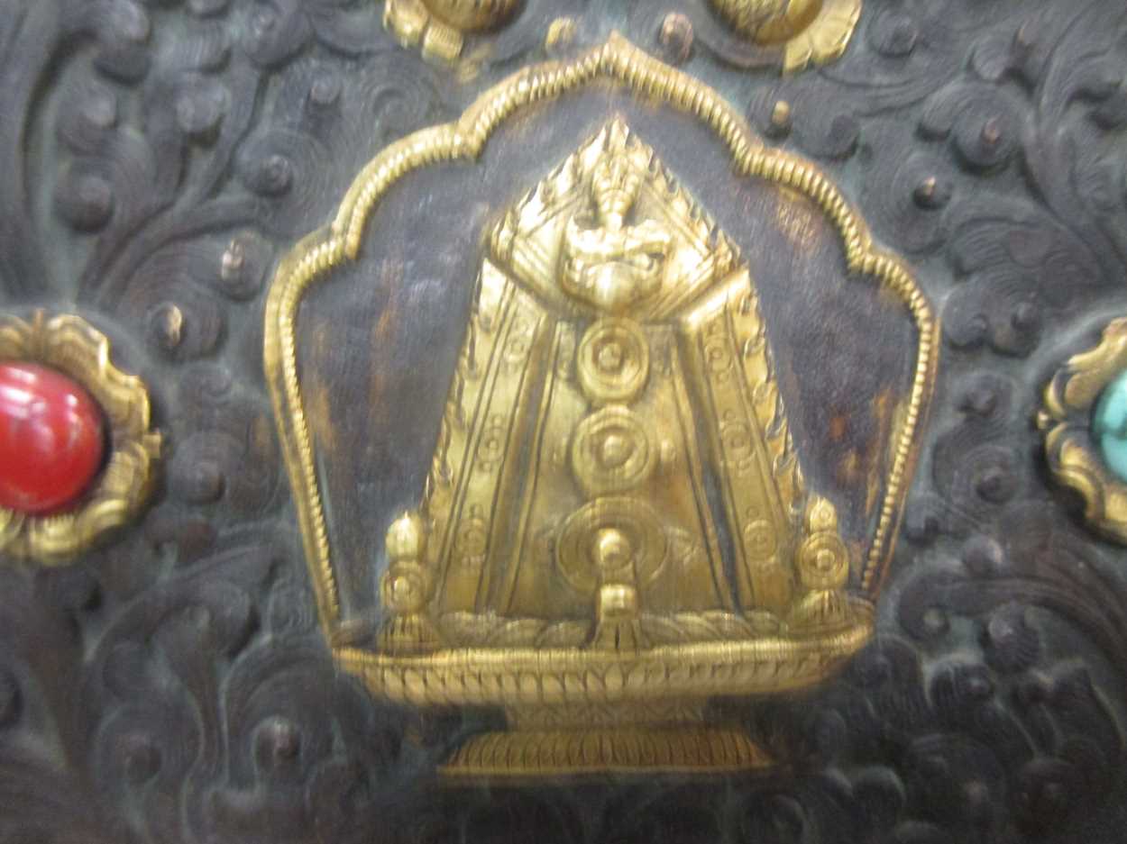 A possibly Tibetan rectangular metal embossed plaque gilt mounts - Image 6 of 6