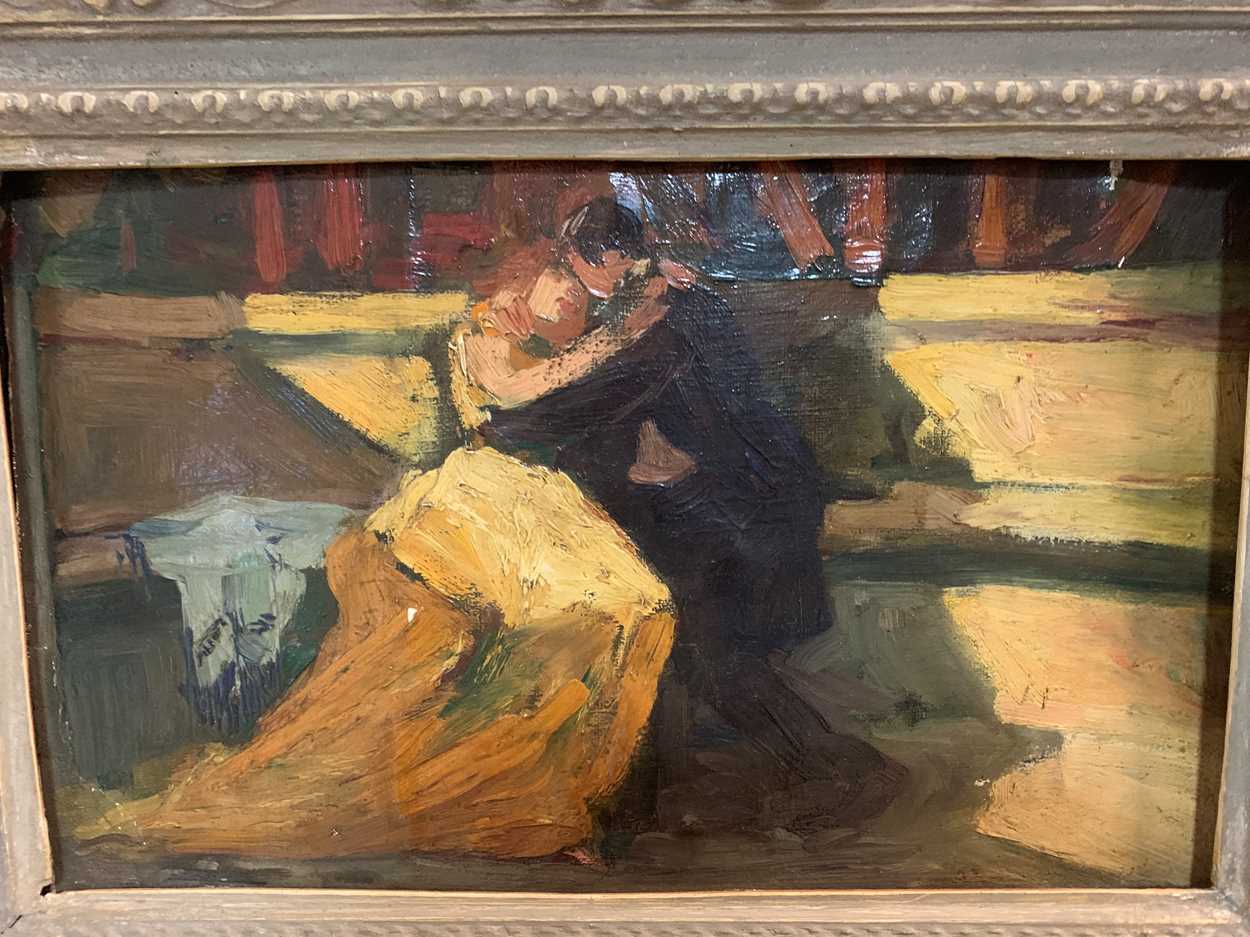 English School, early 20th Century, A Couple embracing, oil on paper laid down to panel, 18.5 x 30cm - Image 2 of 5