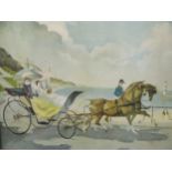 Four carriage driving prints by Zinkeisen, and a small contemporary still life fruit painting by
