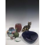 A Mosanic cat, Rorstrand dish, Poole vase etc