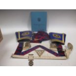 A Masonic case with aprons etc, a brass student lamp, various scale and other items including games,