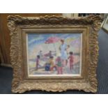 Figures on a beach, 20th century, oil on board, unsigned, in a gilt frame, 21 x 26cm