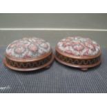 A pair of Victorian beadwork stools, with inlaid ribbon motif borders