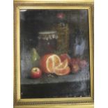 A still life of oranges, cherries, walnuts and jam, dated 1875 and signed with monogram, oil on