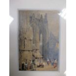 Manner of Samuel Prout, two city scenes with figures (possibly Normandy), miniature watercolours,