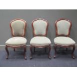 Three walnut frame upholstered chairs, with cabriole legs