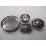 A miniature silver vinaigrette by Joseph Willmore, together with a miniature circular tray, bowl and