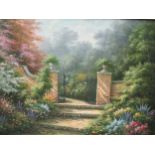 A large modern painting of a country garden with gates, unsigned, oil on canvas 89 x 120cm