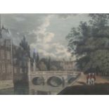 A 19th century coloured engraving of St John's College, Cambridge, with bridge over the river, by