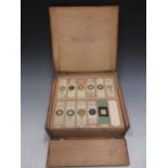A box of 95 microscope slides, early 20th century, many named, in a pine box
