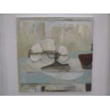 Signed FFL ‘95: An oil of abstract still-life in blues and greys, framed and glazed, 29.5cm x 29cm