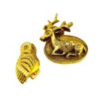 Paule Ingrand - a mid 20th century signed and gilded bronze brooch of a fallow deer together with an